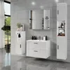 A modern bathroom vanity set with a sink, drawers, and storage cabinets, set against a tiled wall. Produktbild-Vorschau