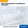 Interior view of a white refrigerator with adjustable glass shelves and a clear crisper drawer. Produktbild-Vorschau