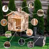 A wooden smoker oven with various parts highlighted by arrows and close-up circles, set up outdoors on a lawn with trees in the background. Náhled obrázku produktu