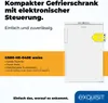 A white freezer with an energy efficiency label and marketing text. Produktbild-Vorschau