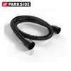A black flexible hose with black connectors on both ends, lying on a white reflective surface. Produktbild-Vorschau