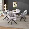 A dining room setting with a marble-top table and six gray upholstered chairs. Podgląd zdjęcia produktu
