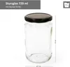 A clear product shot of a glass jar with a black lid, with dimensions indicated. Podgląd zdjęcia produktu