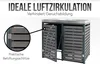 A grey metal and WPC trash can enclosure with its doors open, showing ventilation slits. Text overlays highlight features. Podgląd zdjęcia produktu