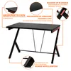 A diagrammatic illustration of a black gaming desk with callouts highlighting its features. Produktbild-Vorschau