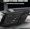 A black phone case with a ring holder is displayed on a wooden surface, with a laptop and headphones in the background. Produktbild-Vorschau