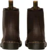 A pair of brown Dr. Martens boots shown from the back. Voir les images du produit