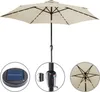 A beige patio umbrella with solar-powered LED lights and a crank mechanism, shown against a white background with close-up insets of the solar panel and crank. Anteprima dell’immagine prodotto