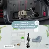A split image showing a rollator in a car trunk and another in a room with shelves and a chair. Produktbild-Vorschau