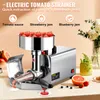 A stainless steel electric tomato strainer is shown with a hopper full of tomatoes, and juice being extracted. The background includes fruit and flowers. Produktbild-Vorschau