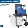 A garden shredder with a collection box, presented with marketing text. Produktbild-Vorschau