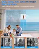 A family is enjoying time together while a window cleaning robot operates on a large window overlooking the ocean. The image is split to show a dirty window on the left and a clean window on the right, with the robot in the middle. Voir les images du produit