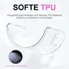 A clear, flexible TPU phone case is shown, highlighting its material and flexibility. Text overlays describe its features. Produktbild-Vorschau