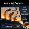 Marketing image showing a projector displaying different screen sizes with feature callouts. Anteprima dell’immagine prodotto
