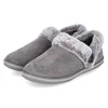 A pair of grey women's slippers with faux fur trim and a button detail. Produktbild-Vorschau