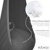 Close-up view of a gray hanging chair with a detailed explanation of its filling. Produktbild-Vorschau
