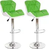 Two green and white bar stools are shown against a white background.
