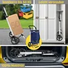 A collage of images showing a shopping trolley in different scenarios: being loaded with boxes, standing in a closet, and folded in a car trunk. Produktbild-Vorschau