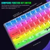 A close-up, angled view of a transparent, rainbow-colored mechanical keyboard with RGB backlighting, against a dark background. Text overlays explain features. Produktbild-Vorschau