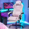 A pink gaming chair is set up in a gaming room with a computer and neon lighting. Náhled obrázku produktu
