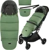 A collage of images showing a green stroller footmuff and a matching bag, with one image showing the footmuff attached to a stroller. Náhľad obrázku produktu
