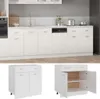 A white kitchen cabinet unit with drawers and doors, shown in two views: one closed and one with doors open. Náhľad obrázku produktu