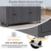 A close-up view of a gray kitchen island with wheels, highlighting its mobility features. Voir les images du produit