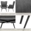 A collage of images showcasing a gray armchair, its fabric texture, underside, and legs, with accompanying German text describing its features. Produktbild-Vorschau