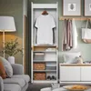 SoBuy Hochschrank KSB01-W mit geöffneter Tür: weißes T-Shirt auf Hänger, darunter Körbe und Schuhe Náhľad obrázku produktu