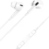 A pair of white wired earphones with a control module on the right cable. Produktbild-Vorschau