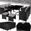 A collage of images showing a rattan garden furniture set, including chairs, a table, and storage boxes, with a protective cover. Náhled obrázku produktu