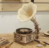 A wooden model of a vintage gramophone is displayed on a wooden surface, with various woodworking tools and materials scattered around. Náhľad obrázku produktu