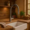 A modern kitchen sink area with a flexible faucet, wooden countertops, and a window view. Produktbild-Vorschau