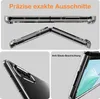 Collage of images showing a transparent phone case for a Samsung Galaxy Z Fold 4, highlighting precise cutouts and anti-dust coating. Produktbild-Vorschau