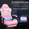 A pink gaming chair with marketing text and diagrams highlighting its features. Produktbild-Vorschau