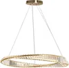 A gold ring-shaped chandelier with clear crystal accents, suspended by thin wires from a gold ceiling mount. Anteprima dell’immagine prodotto