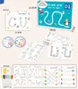 A collage of images showcasing a set of educational flashcards for children, including examples of tracing letters, numbers, and lines, along with accessories like markers and an eraser. Podgląd zdjęcia produktu