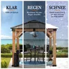 A triptych image showing a gazebo in different weather conditions: clear, rain, and snow, highlighting its protective features. Produktbild-Vorschau
