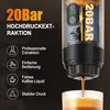 A close-up marketing image of a portable espresso machine with text highlighting its features. Produktbild-Vorschau