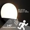 A close-up marketing image of an LED outdoor wall light with a motion sensor, showing its features and specifications. Produktbild-Vorschau