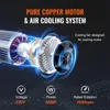 A diagram illustrating the internal components of an electric motor, highlighting its pure copper motor and air cooling system. Below the diagram, icons and text detail the voltage, power, and rated rotation speed. Produktbild-Vorschau