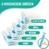 A stack of vacuum seal bags in different sizes, with labels indicating sizes and quantities, and a hand pump. Voir les images du produit