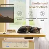 A cat sleeping on a desk in front of a window, with marketing graphics overlaid. Produktbild-Vorschau