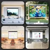 Collage of four different scenes showing projector screens in various settings: a living room, outdoors, a classroom, and a conference room. Produktbild-Vorschau