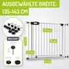 A diagram showing a white safety gate with various measurements and included accessories. Produktbild-Vorschau