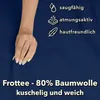 A hand is shown against a dark blue background with text and icons describing product features. Produktbild-Vorschau