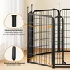 A close-up view of a black metal dog playpen, with orange arrows highlighting specific features. Produktbild-Vorschau