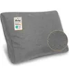 A gray lounge cushion with a tag and a close-up of water droplets on the fabric. Produktbild-Vorschau
