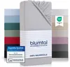 A stack of folded fitted sheets in various colors, with a light gray fitted sheet prominently displayed in the foreground with product branding and certifications. Náhled obrázku produktu