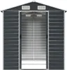 A front view of a dark gray metal shed with double doors. Náhled obrázku produktu